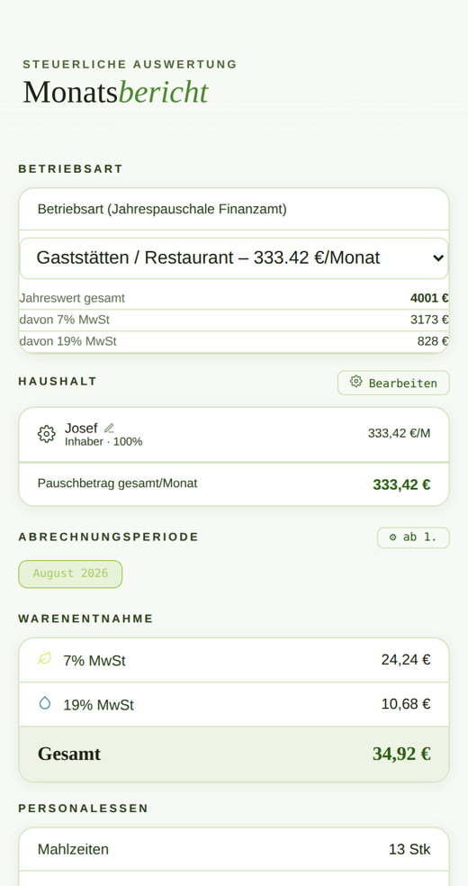 App-Ansicht: Monatsbericht mit Umsatzsteuer-Aufschlüsselung und Export als PDF oder Excel