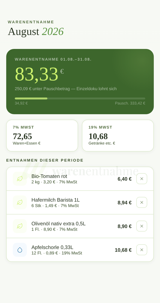 App-Ansicht: Monatsübersicht mit Entnahmen, Summen und Aufteilung nach 7 % und 19 % Umsatzsteuer
